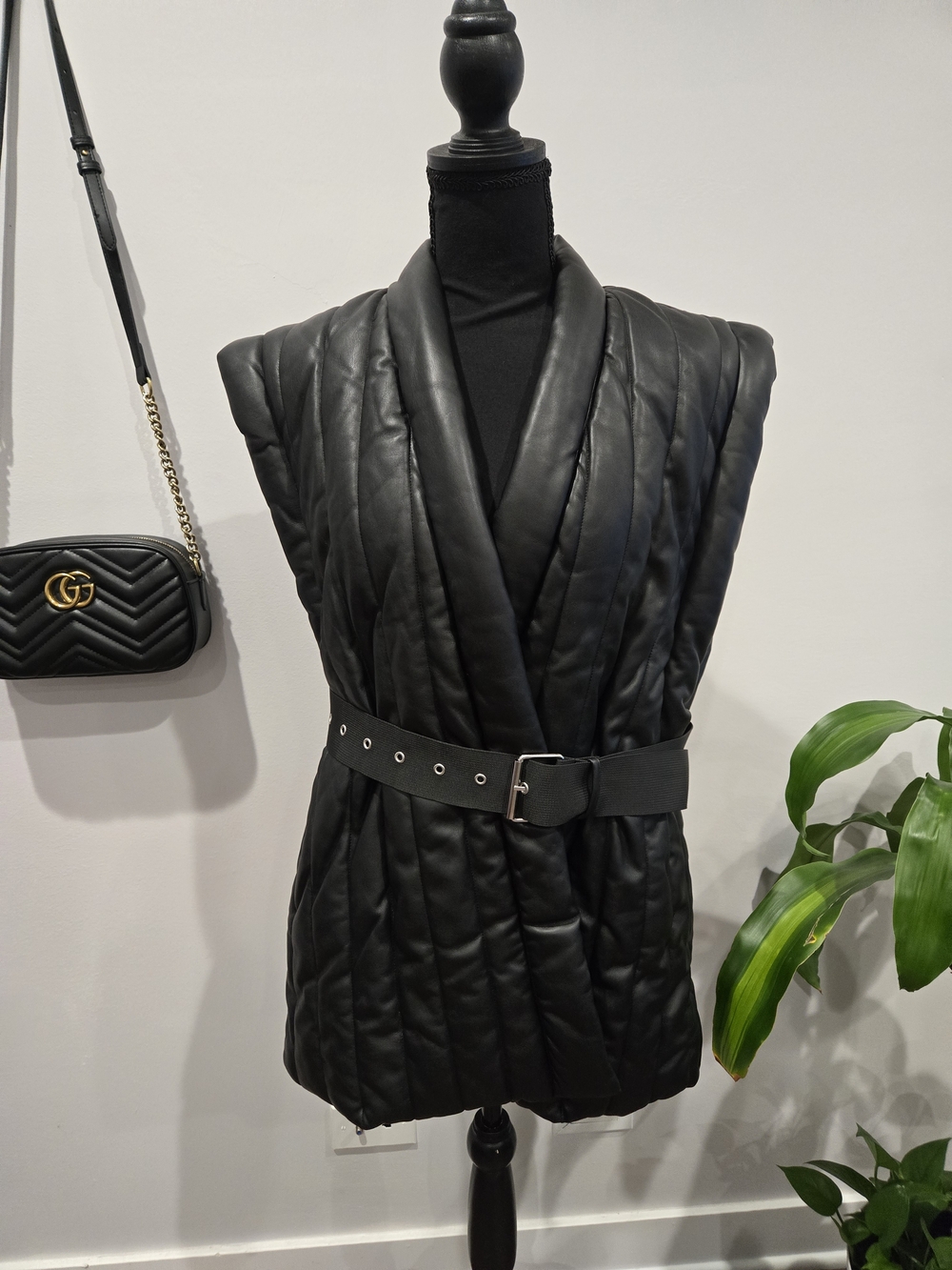 Steve Madden Black Quilted Faux Leather Vest with Belt